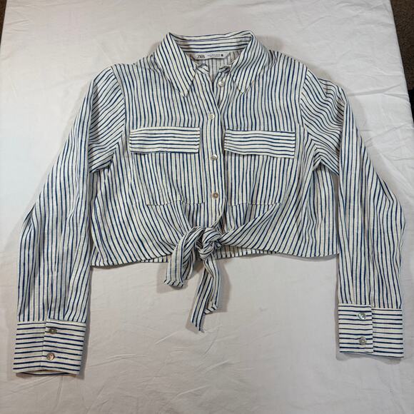 Zara women’s crop blue white striped tie front button shirt. Linen blend. Size M - Picture 3 of 6